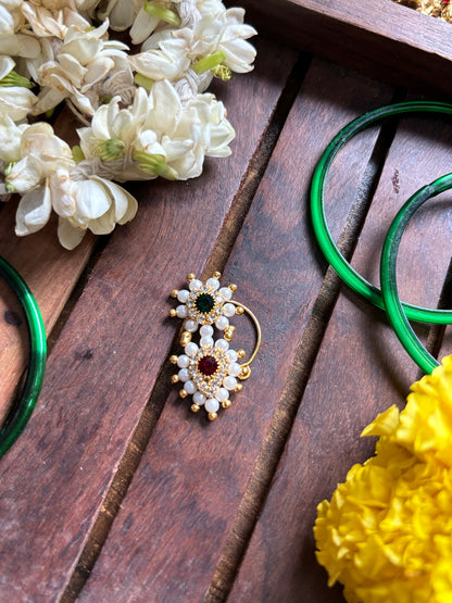 Red & Green Priyanka Traditional Pearl Nose Pin