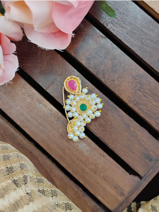 Sheetal Pink & Green Traditional Pearl Nose Pin
