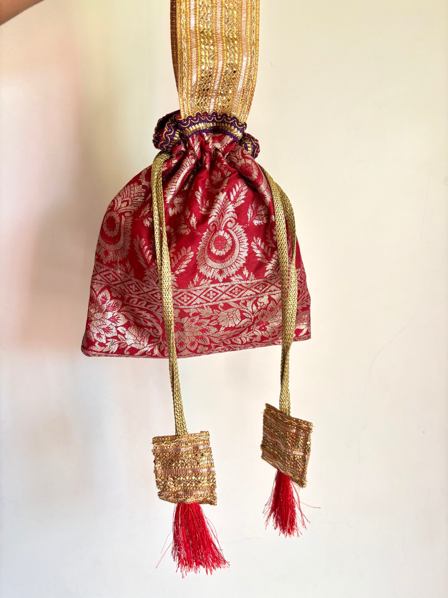 Red Banarasee Potli Batwa Bag