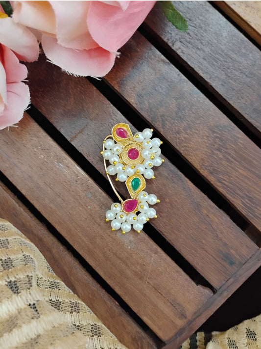 Priya Pink & Green Traditional Pearl Nose Pin