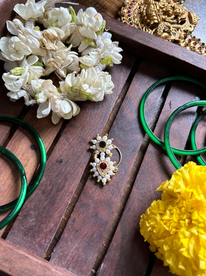 Red & Green Priyanka Traditional Pearl Nose Pin