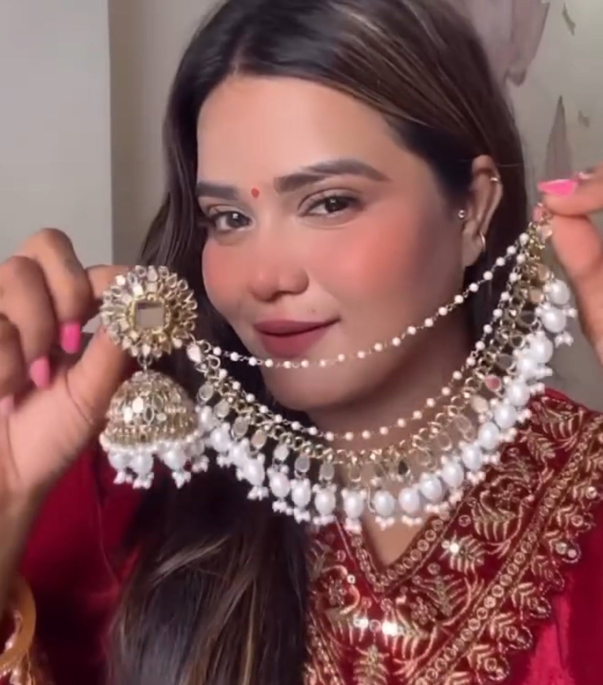 White Zareena Sahara Jhumkis with Tika