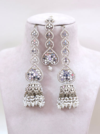 White Zainab Mirror Jhumkis and Tika Set