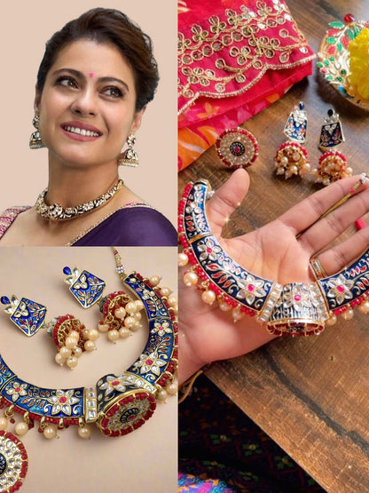 Kajol Inspired Royal Blue Meenakari Hasli Necklace Set