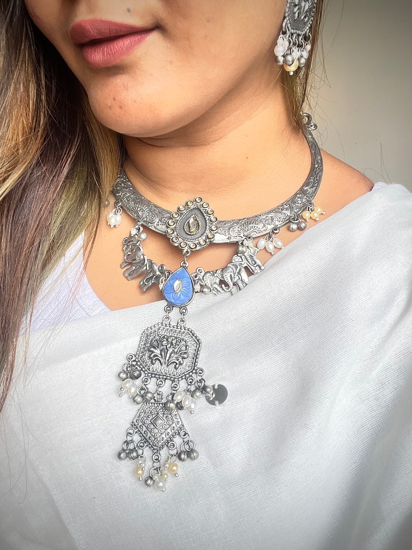 Blue Jiye Statement Oxidised Necklace Set