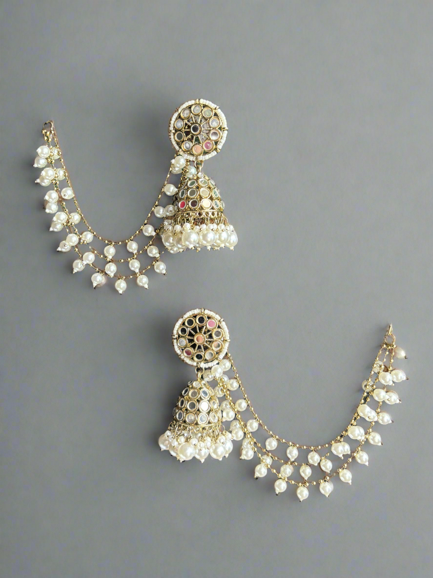 White Kuntish Jhumkis with Sahara (Earchain)