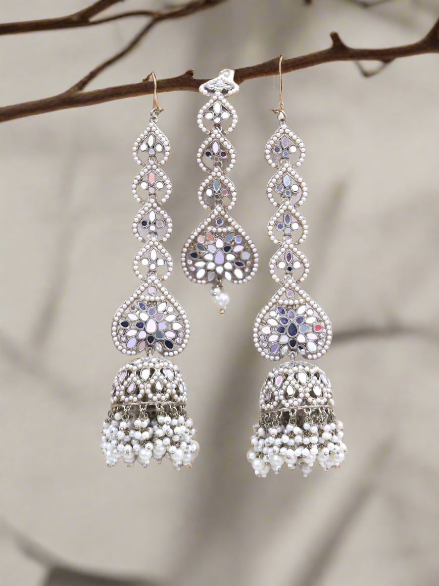 White Zainab Mirror Jhumkis and Tikka Set