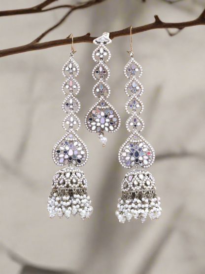 White Zainab Mirror Jhumkis and Tika Set