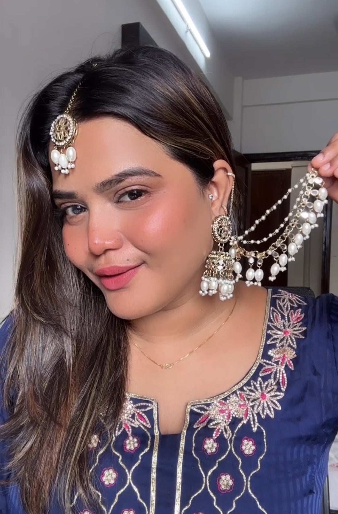 White Madhuri Jhumkis with Tika