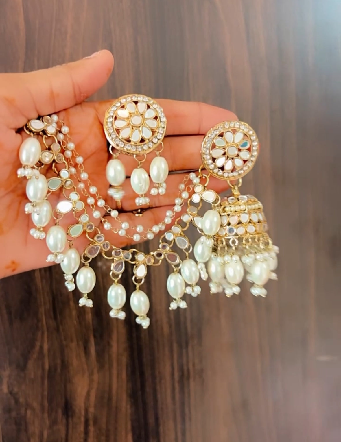 White Madhuri Jhumkis with Tika