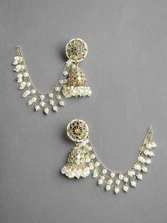 White Kuntish Jhumkis with Sahara (Earchain)