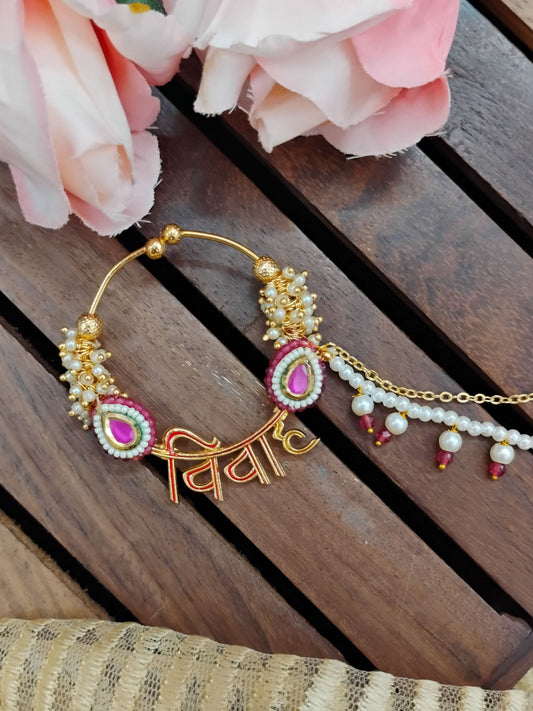 Vivah Pink Traditional Pearl Nose Pin
