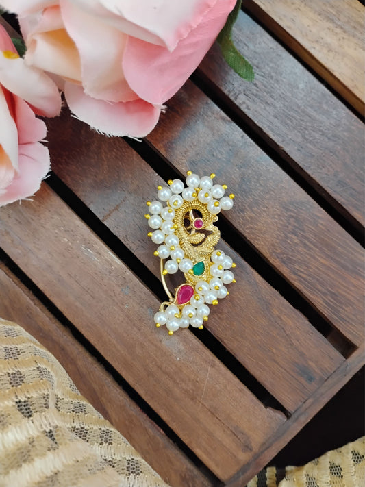 Mohini Pink & Green Traditional Pearl Nose Pin