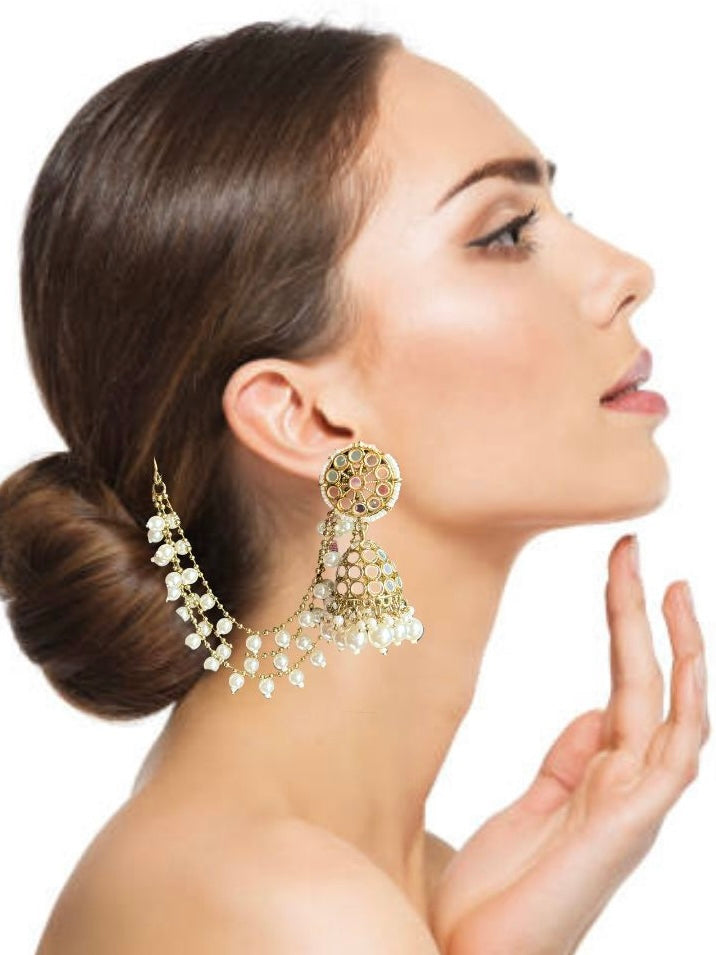 White Kuntish Jhumkis with Sahara (Earchain)