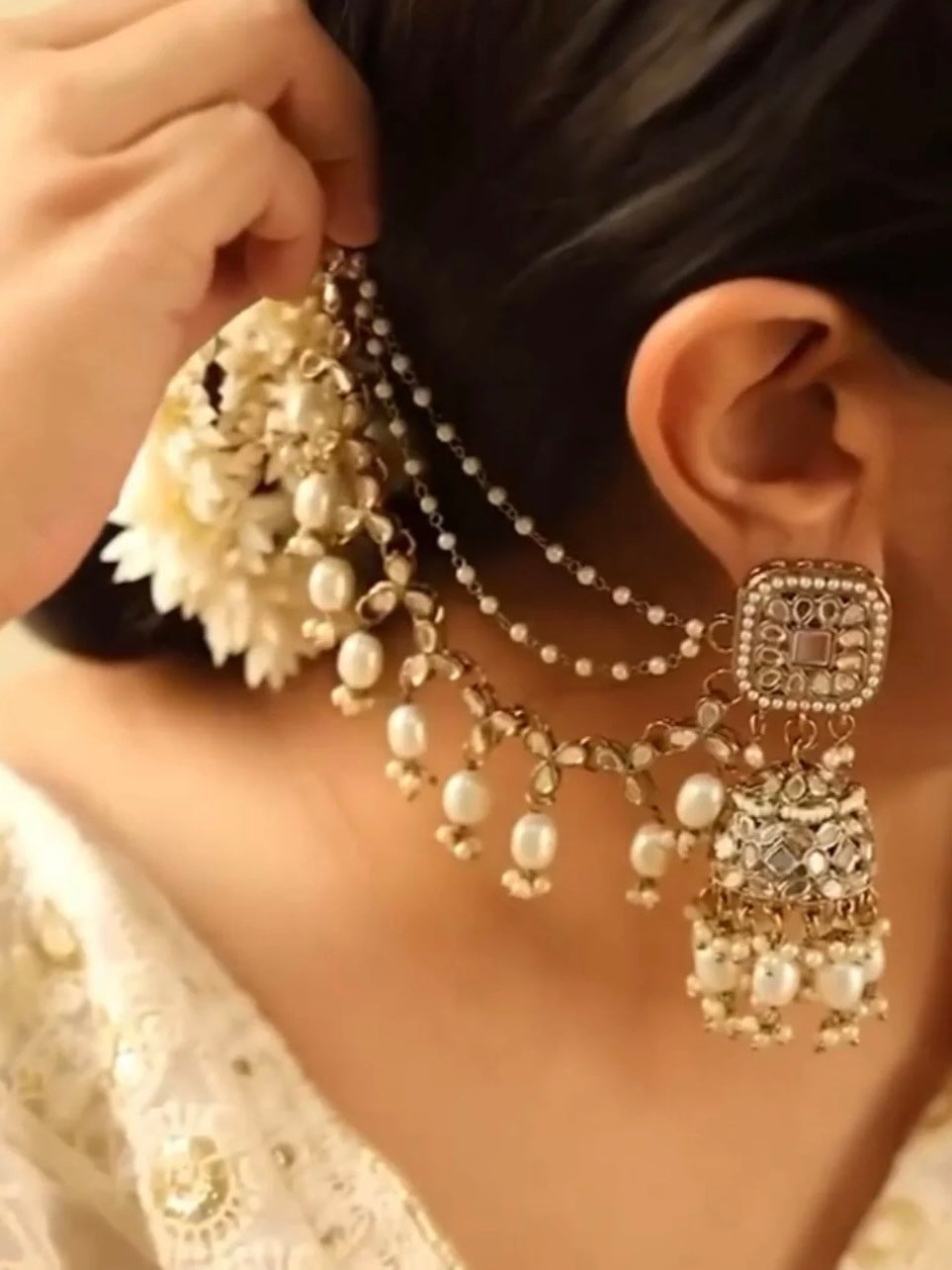 White Sabita Sahara Jhumkis with Tika