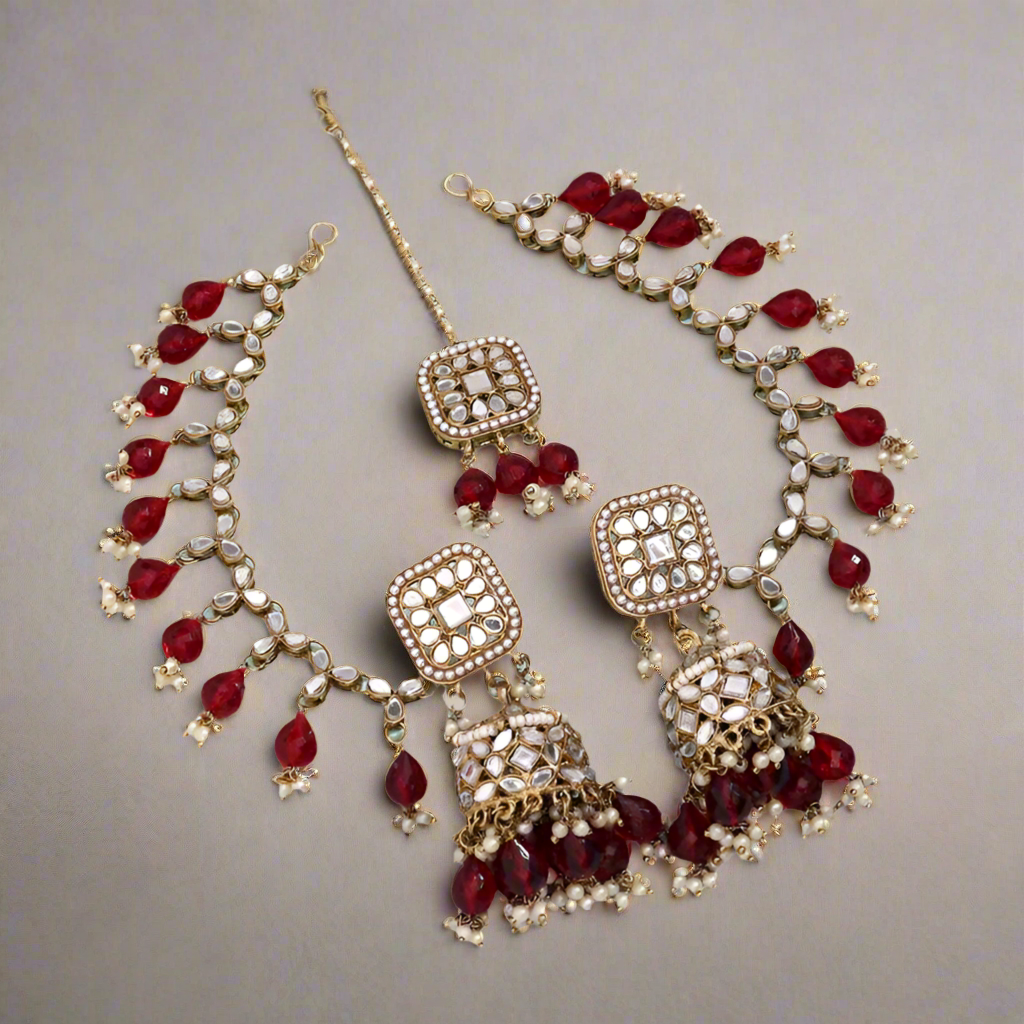 Red Sabita Jhumkis with Tika