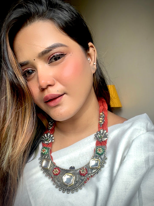 Red Madhuri Kundan Oxidised Necklace