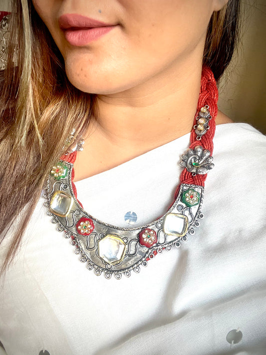 Red Madhuri Kundan Oxidised Necklace