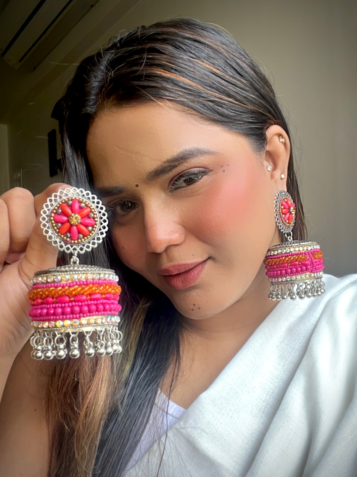 Pink Shivu Oxidised Statement Jhumkis