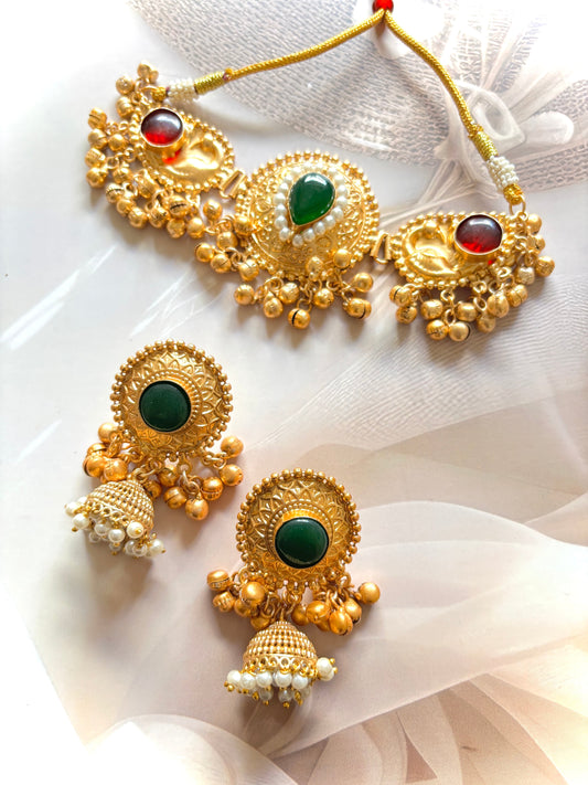 Red & Green Nagalatha Brass Necklace Set