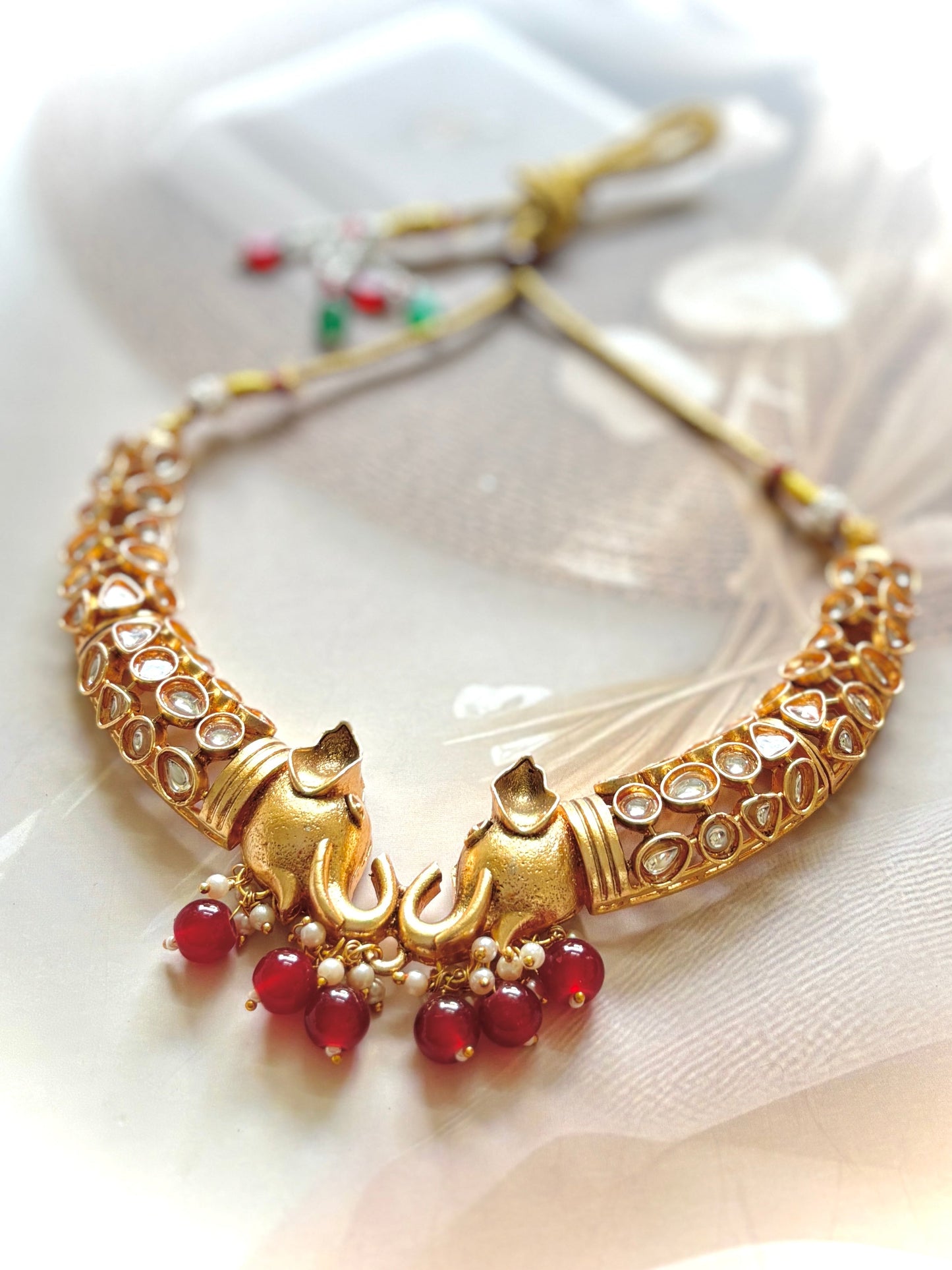 Red Palakshi Premium Brass Necklace Set