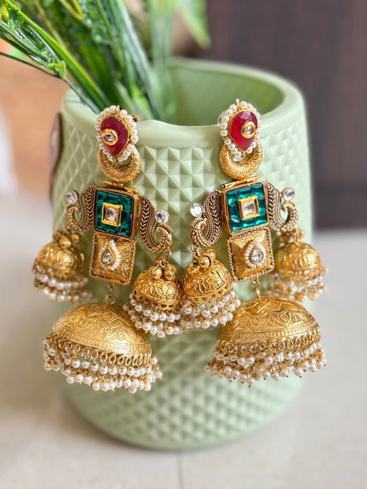 Red & Green Vakshi Premium Brass Jhumkis
