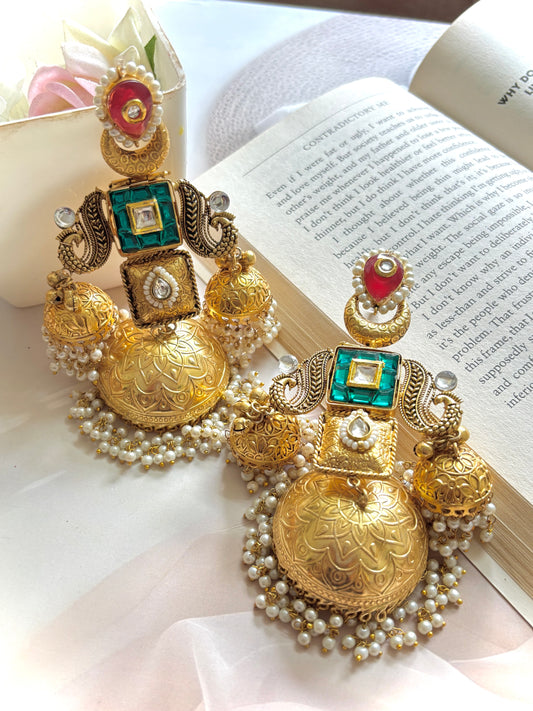 Red & Green Vakshi Premium Brass Jhumkis