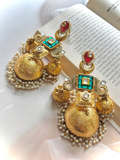 Red & Green Vakshi Premium Brass Jhumkis