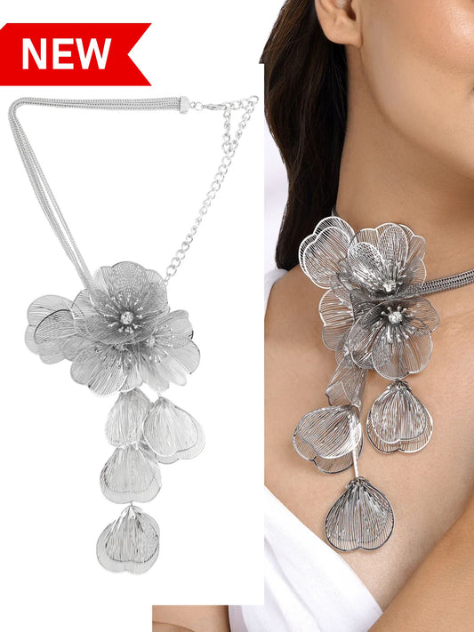 Silver Statement Flower Bouquet Necklace