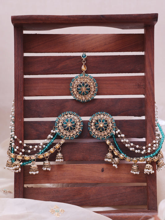 Sea Green Bagula Sahara Jhumkis with Tika