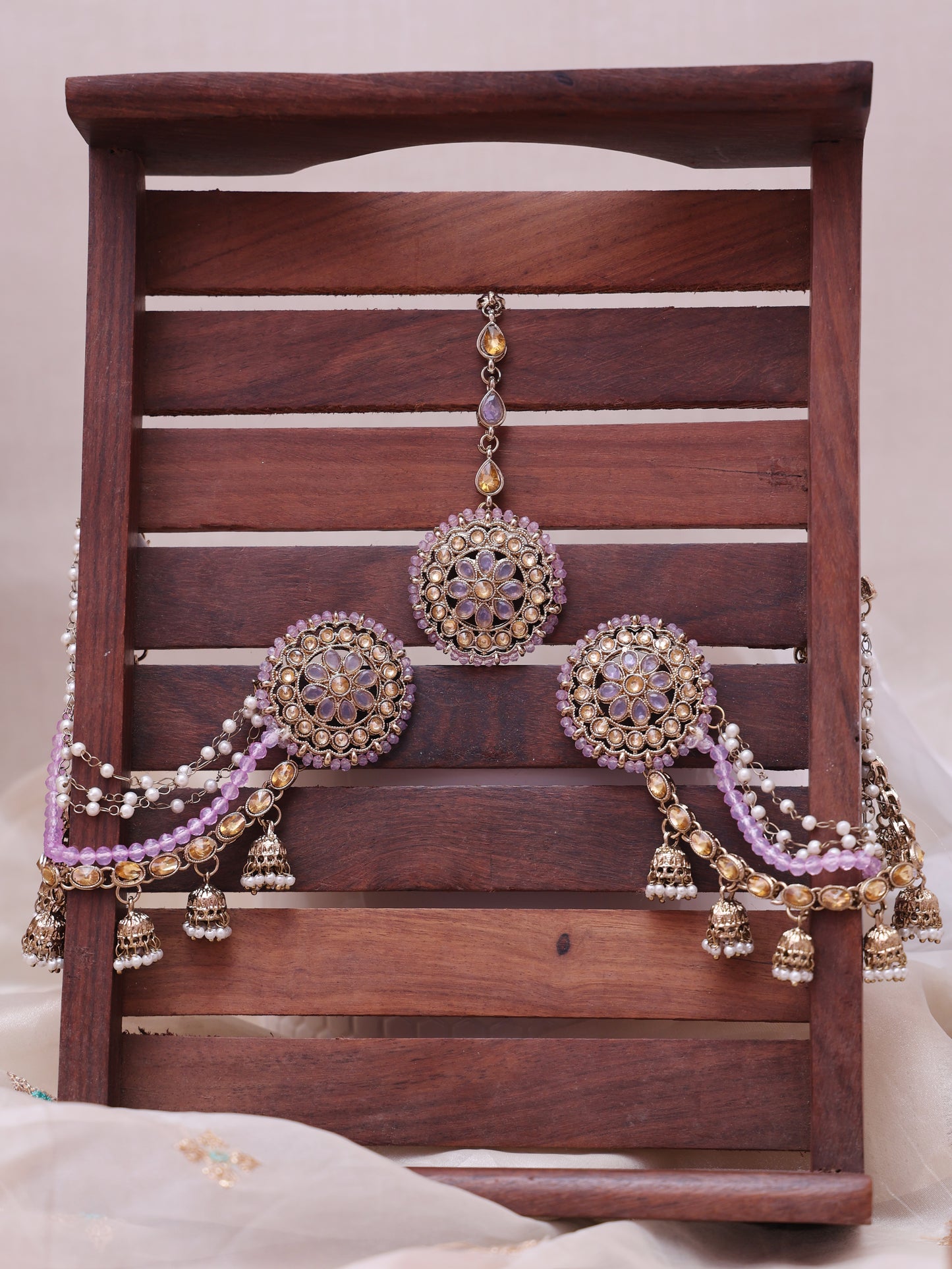 Lilac Bagula Sahara Jhumkis with Tika