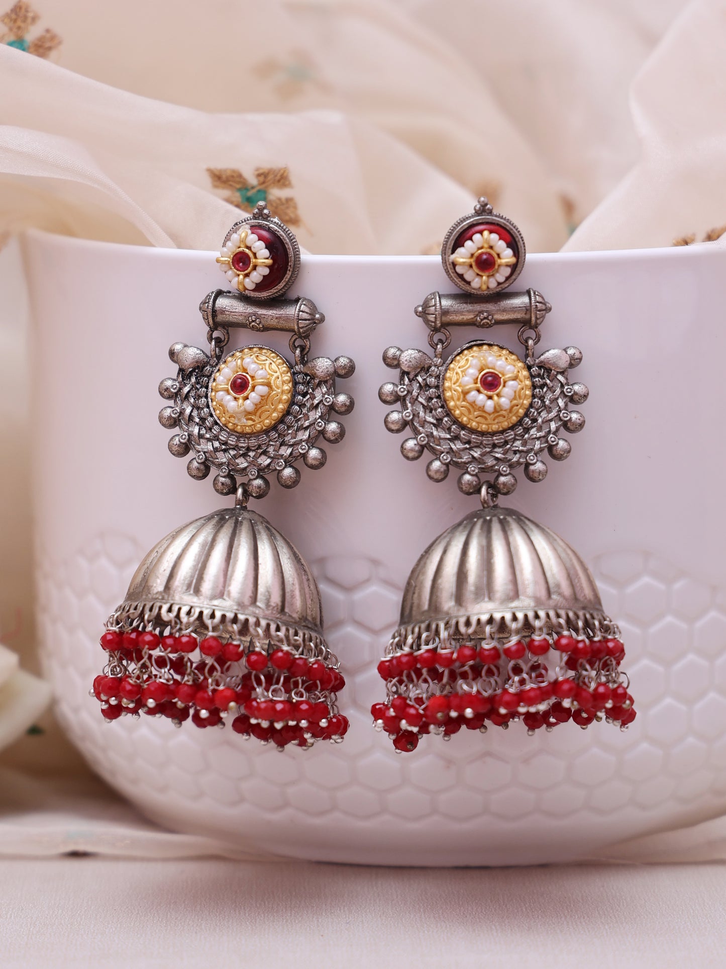 Red Padmana Oxidised Jhumkis