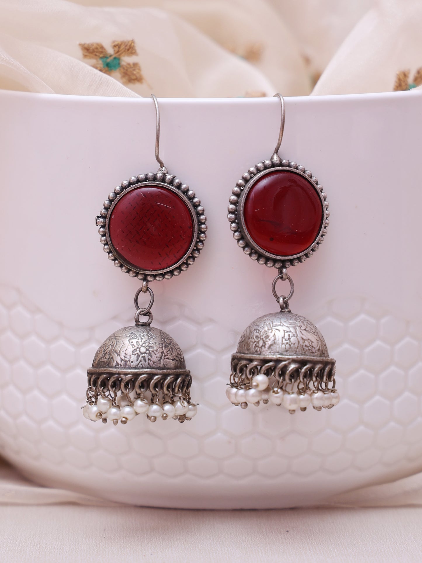 Red Quincy Oxidised Jhumkis