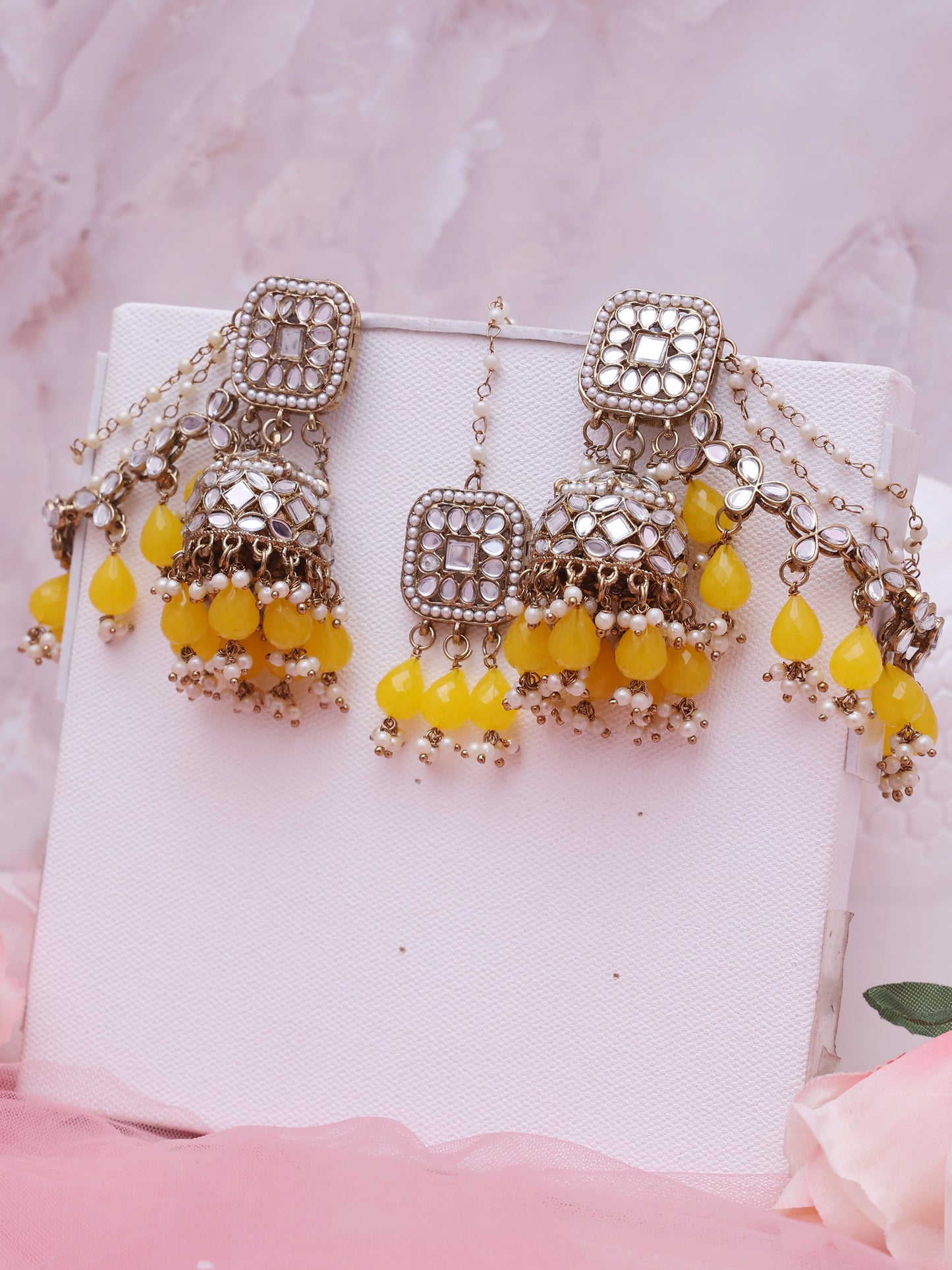 Yellow Sabita Sahara Jhumkis with Tika