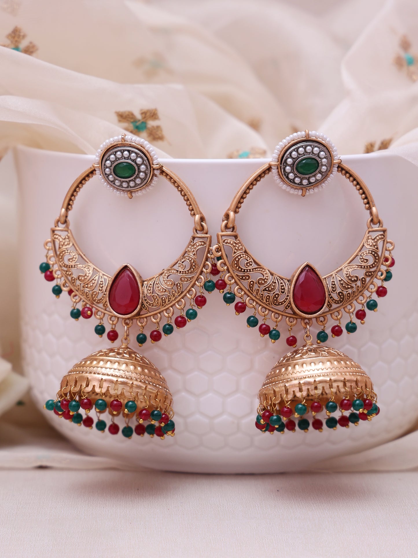 Red & Green Sachika Temple Jhumkis