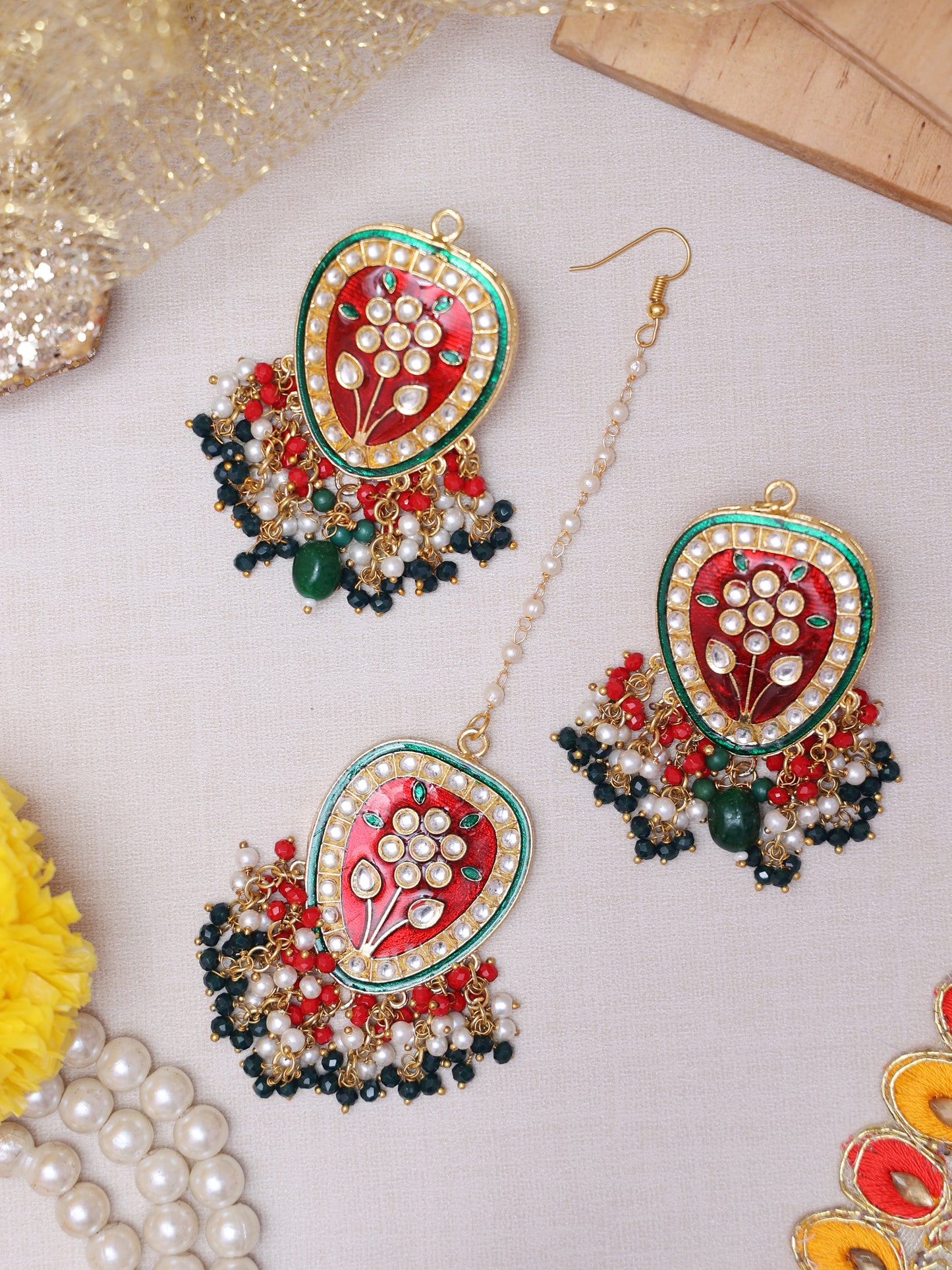 Red and Green Lajjaka Maang Tika Set