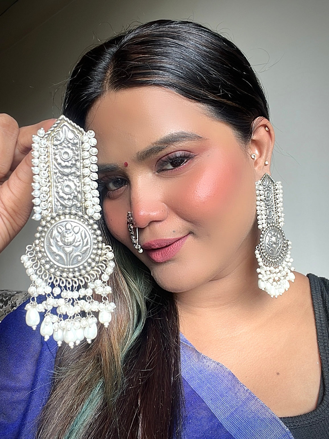 White Husniya Oxidised Earrings