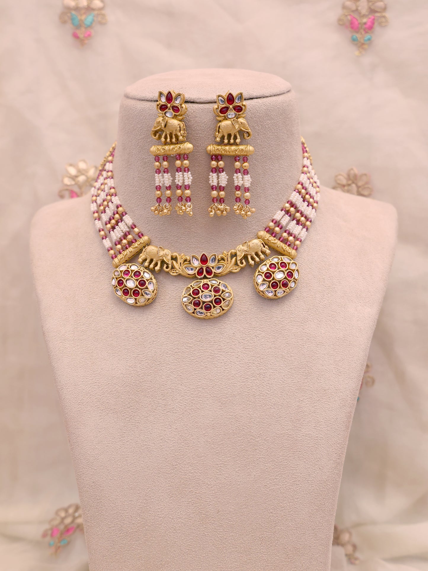 Red Gadadevi Temple Necklace Set