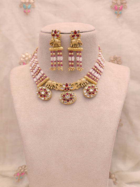 Red Gadadevi Temple Necklace Set