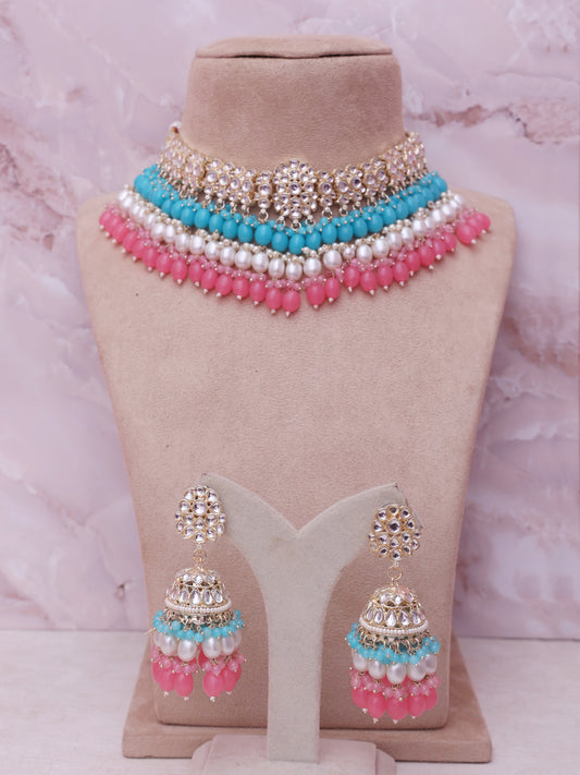 Pink and Blue Wahida Necklace Set