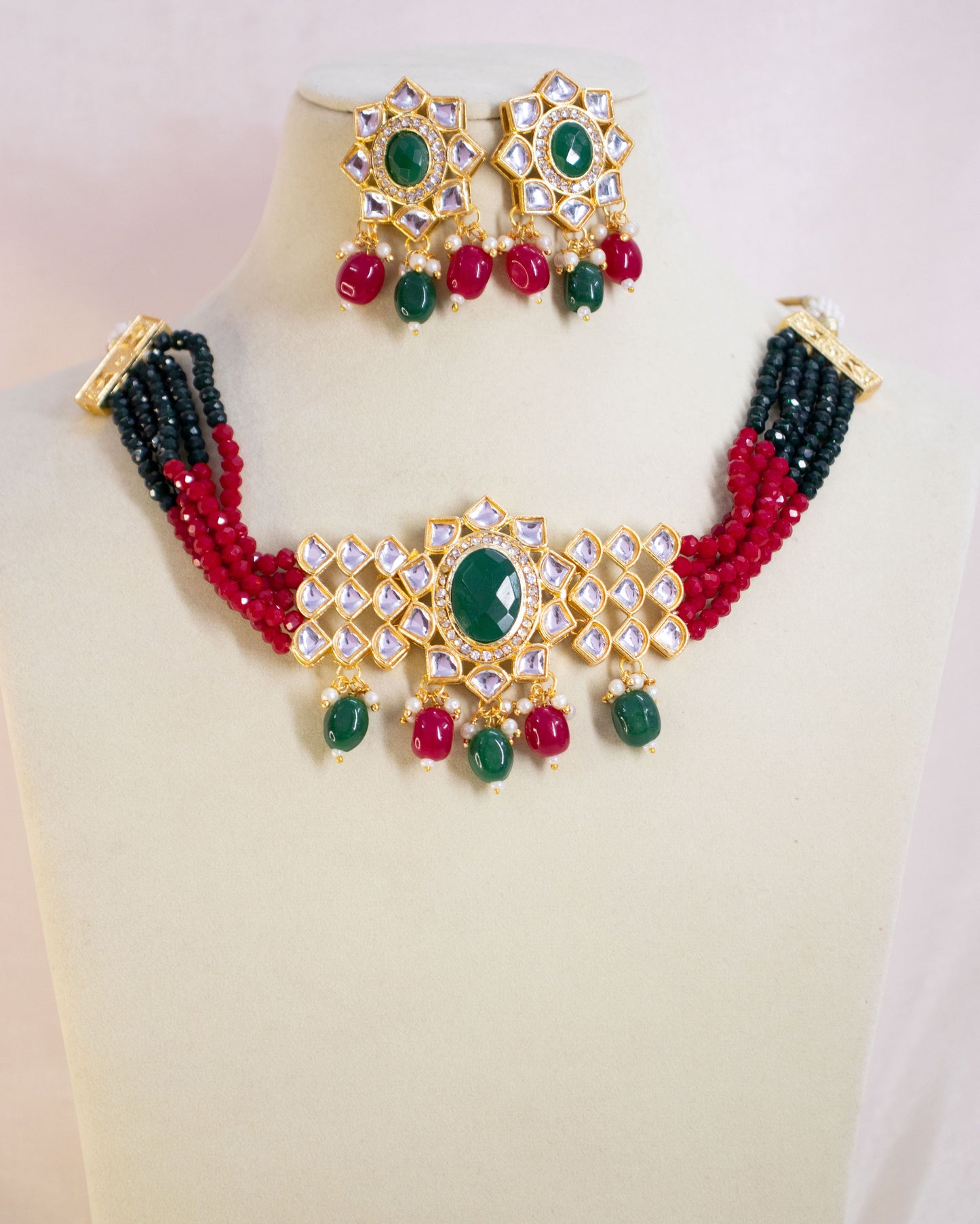 Red and Green Aatmika Necklace Set