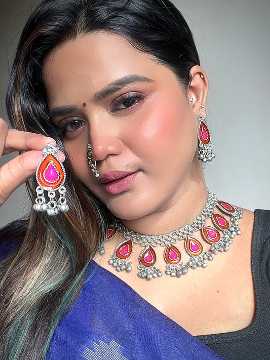 Pink Dhiya Oxidised Necklace Set