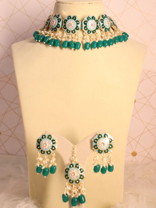 Green Triveni Choker Necklace Set