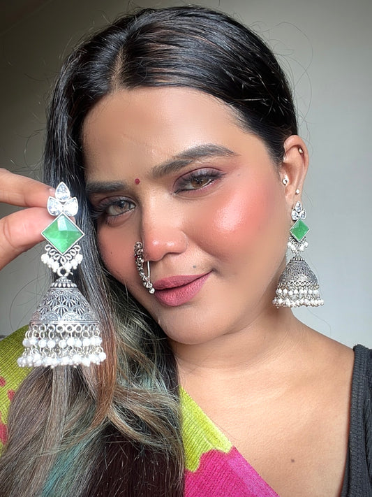 Green Aashwika Oxidised Jhumkis