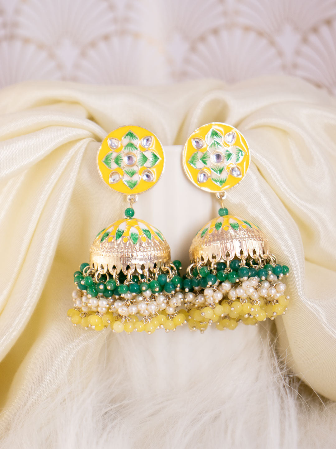 Yellow and Green Akshara Jhumkis