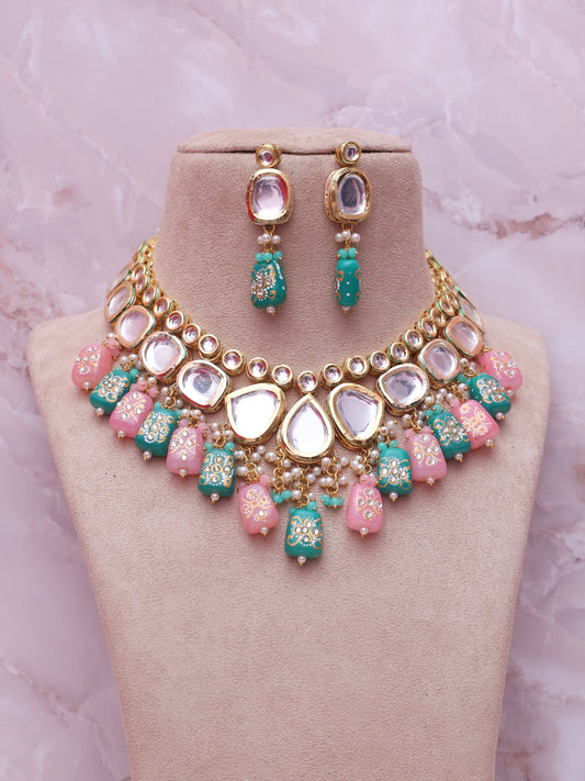 Pink and Green Padma Necklace Set