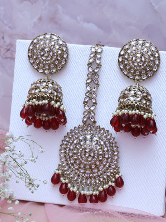 Maroon Babitha Maang Tika Set with Earrings