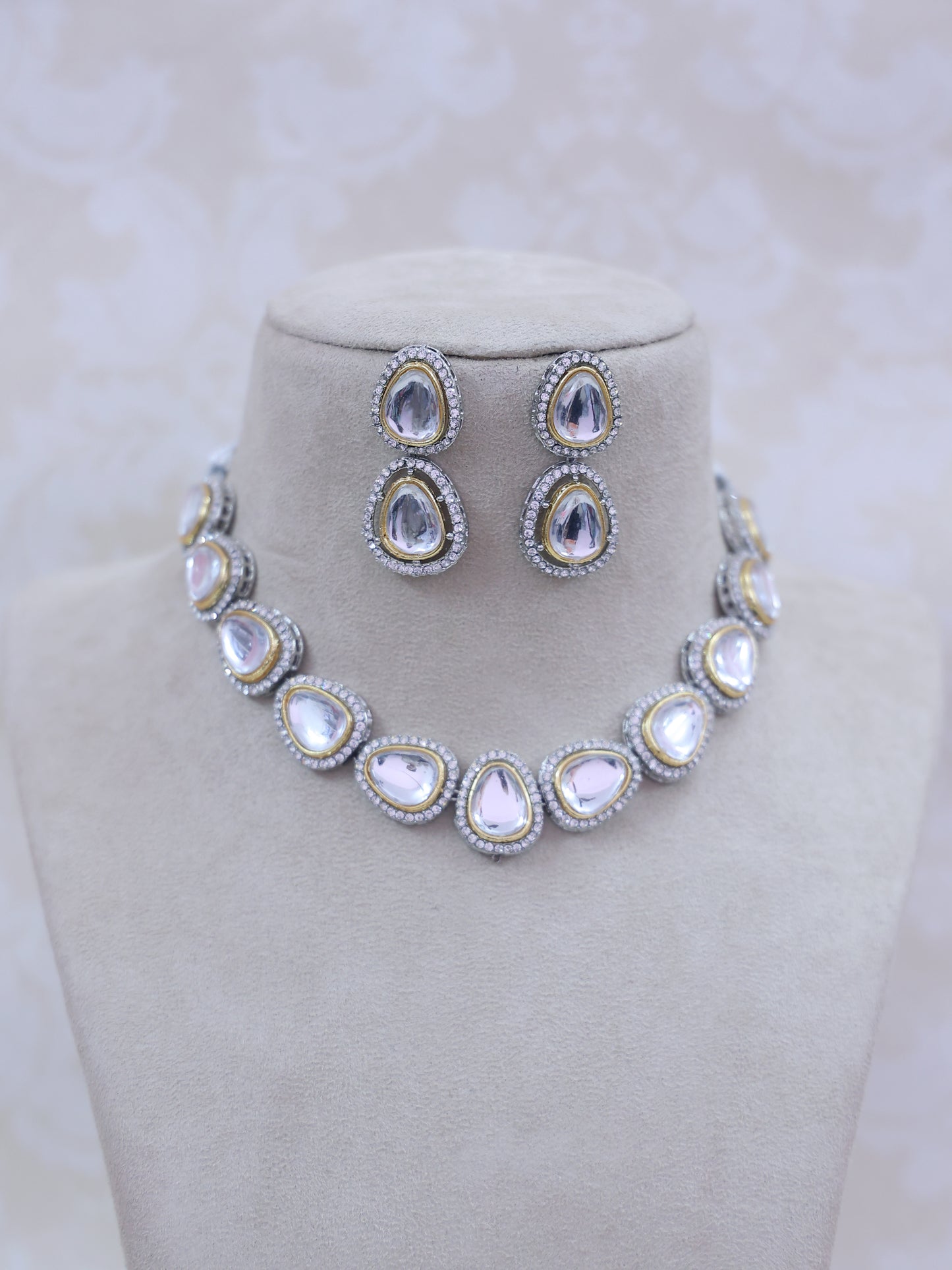 Silver Sona Polki Necklace Set