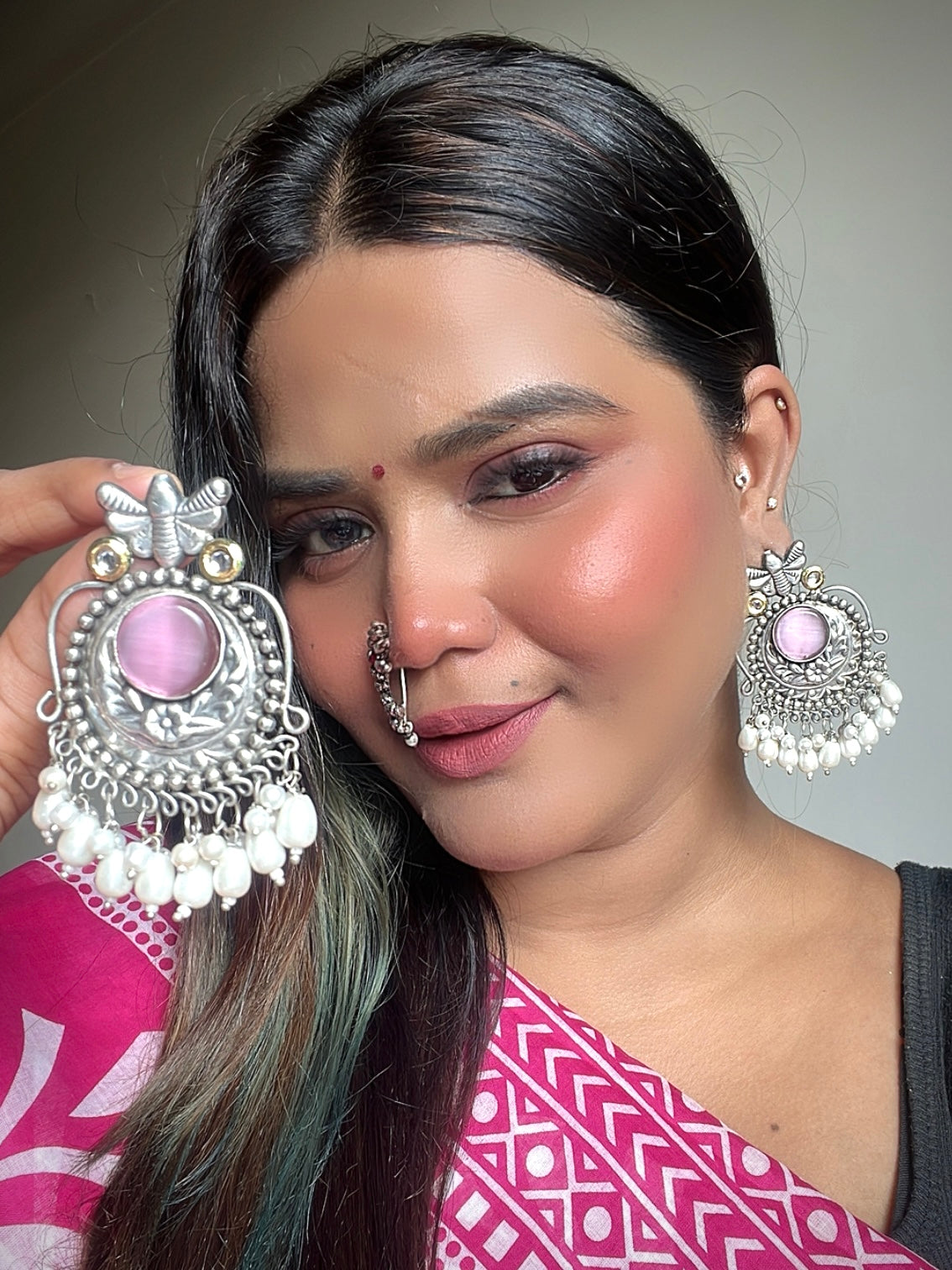 Pink Dalbir Oxidised Chandbalis