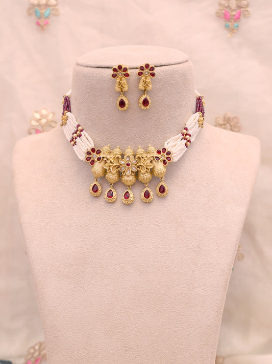 Red Jaanavi Temple Necklace Set